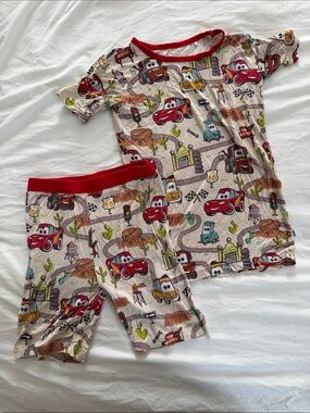 Little Sleepies Beige Pajama Set with Red Trim and Multicolor Disney Cars Print
